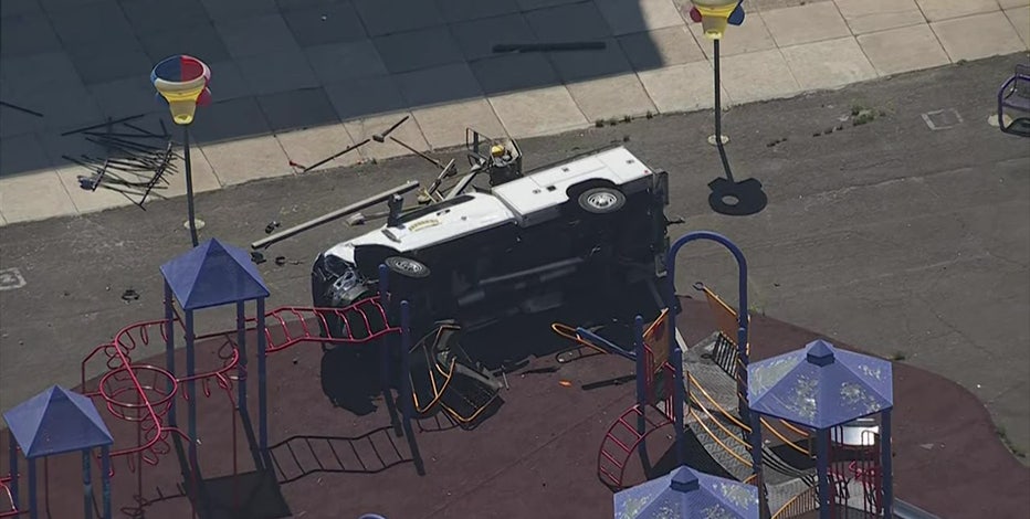 Stolen truck slams into car, overturns onto playground in Southwest Philly: police