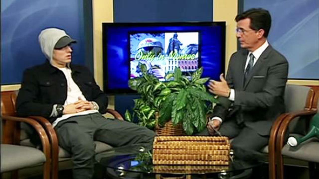 Stephen Colbert Eminem Interview Behind The Scenes Stephen Colbert interviews Eminem on Monroe public access cable | FOX 2