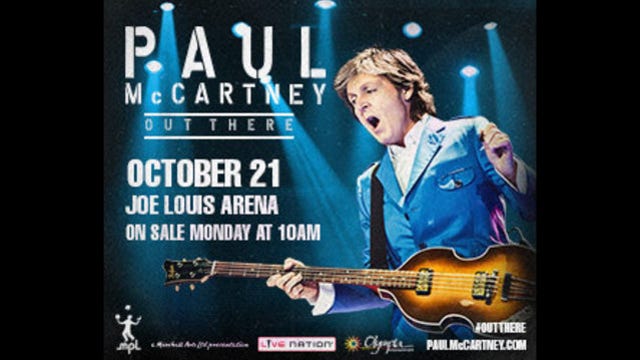 Sir Paul McCartney will perform at Joe Louis Arena October 21
