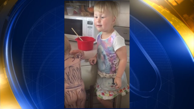 Little girl draws zebra stripes all over sister