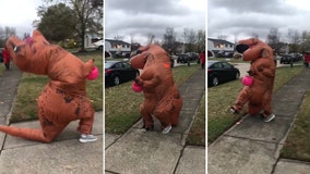 11-year-old in inflatable T-Rex costume struggles to trick-or-treat on windy evening