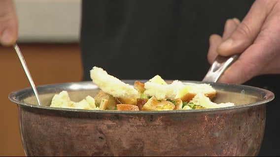 Slows Bar BQ's Executive Chef Mike Metevia prepares Sage and Brioche stuffing