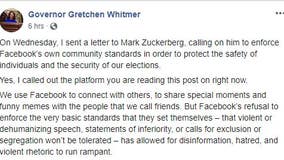 Gov. Whitmer sends letter to Facebook's Zuckerberg asking to do more to curb hate speech