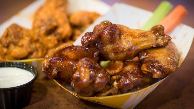 BBQ wings (front) & Medium traditional wings (back) at Buffalo Wild Wings.