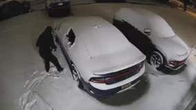 Dearborn Hts suspects pop back window of Charger, push it out in the snow in attempted theft