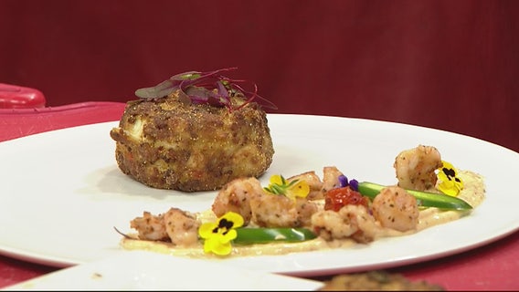 Chef Bobby's classic crab cake and shrimp and pepper confetti