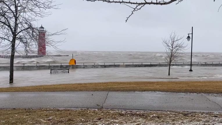 Lake Michigan flooding in January 2020 at the Illinois and Wisconsin border.