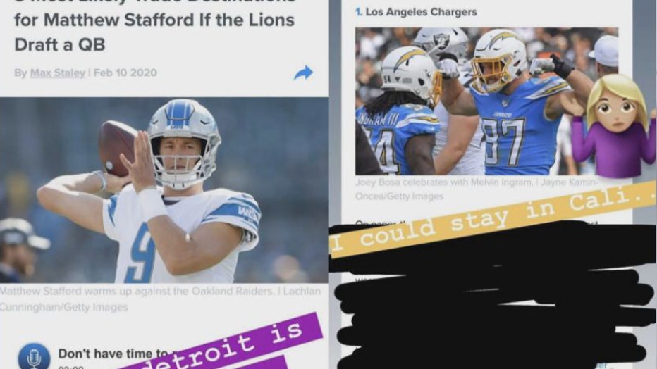 Screenshots from Kelly Stafford's Instagram @kbstafford89 of her responding to a report of a possible Matthew Stafford trade