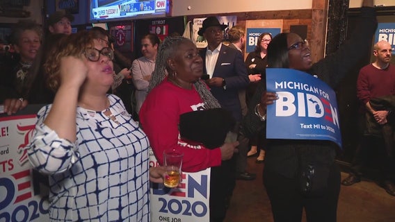 Joe Biden supporters in Detroit root on his Michigan Primary win