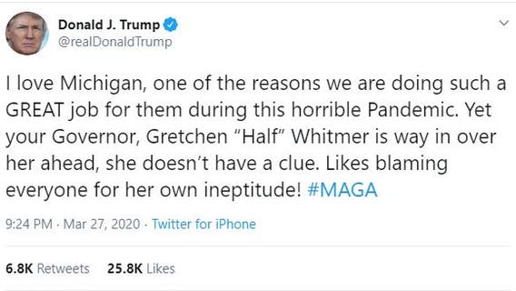 Trump slams Gov. Gretchen 'Half Whitmer' in new tweet over medical supplies