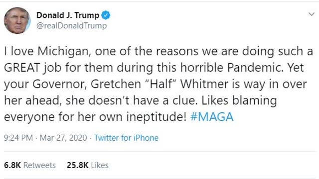 Trump slams Gov. Gretchen 'Half Whitmer' in new tweet over medical supplies