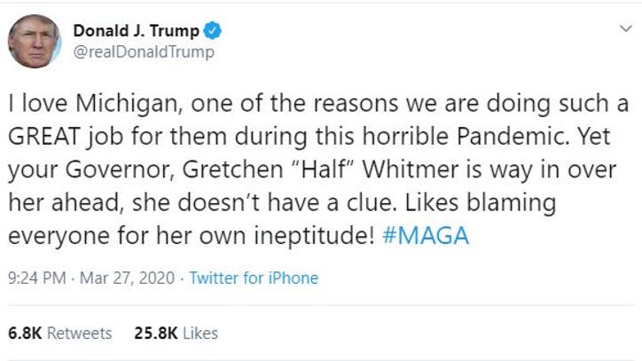 Trump slams Gov. Gretchen 'Half Whitmer' in new tweet over medical ...