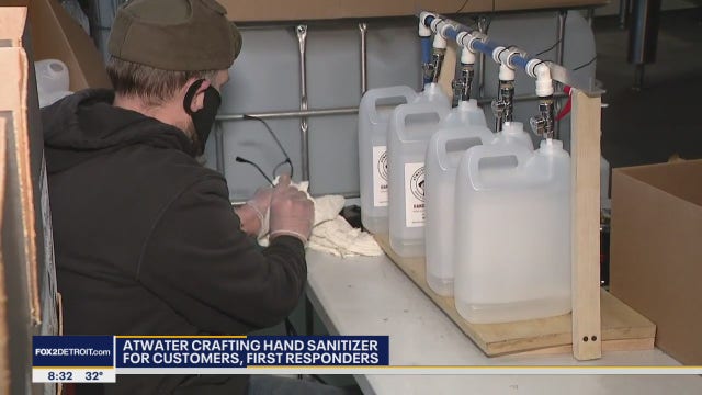 Atwater Brewery in Detroit distributing hand sanitizer to first responders, selling to customers