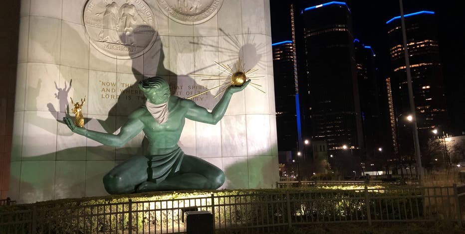 Spirit Of Detroit Seen With A Mask As City And State Leaders Recommend Wearing Them In Public