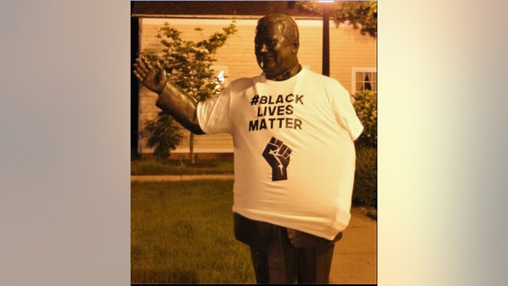 Statue of segregationist Dearborn Mayor Hubbard adorned in Black Lives Matter shirt before being removed