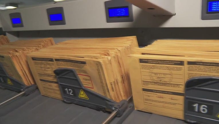 Stacks of absentee ballot envelopes sit filed on a counter top. 