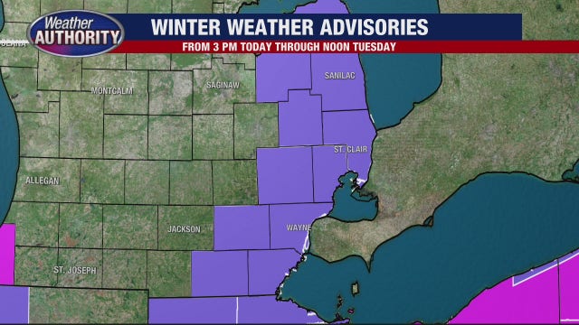 Southeast Michigan under winter weather advisory with rain/snow mix moving through Detroit