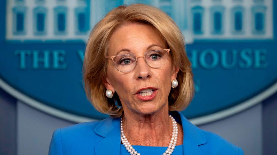 US Secretary of Education Betsy Devos speaks during the daily briefing on the novel coronavirus, COVID-19, in the Brady Briefing Room at the White House on March 27, 2020, in Washington, DC. (Photo by JIM WATSON / AFP) (Photo by JIM WATSON/AFP via Getty Images)