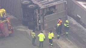 Semi-truck with trailer of cows overturns in crash on ramp from I-94 to I-75