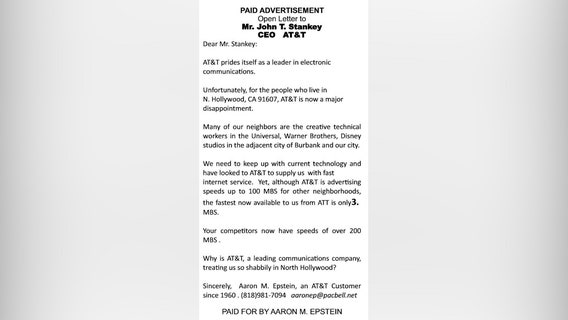 90-year-old man spends $10,000 on 2 ads in WSJ to tell AT&T CEO about his slow internet service