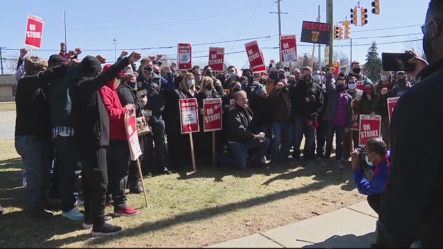 Rashida Tlaib and Debbie Dingell stand with union workers protesting Kuerig Dr. Pepper facility in Redford