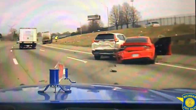 VIDEO: Driver going 120 mph in stolen Charger crashes in front of MSP trooper on I-75