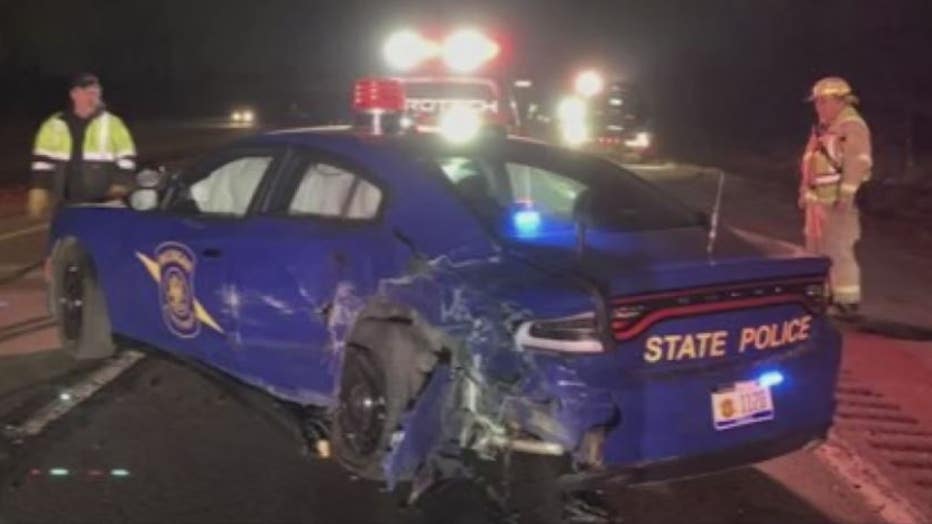 A MIchigan State Police car that was hit by a Tesla allegedly on autopilot near Lansing.