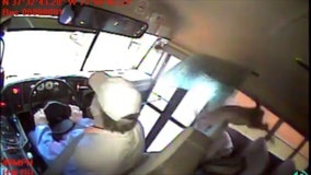 Shocking video captures moment deer crashes through school bus windshield, landing on student