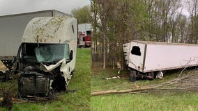 Semi-truck driver chokes on fruit on 96, crashes into ditch