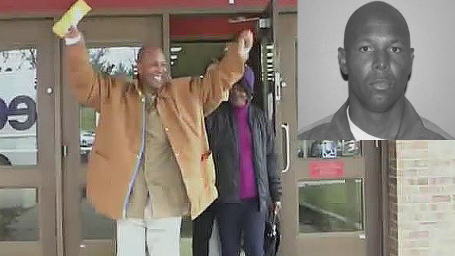 Danny Burton the day he was exonerated and released from prison after 32 years in 2019. Inset: Burton's prison photo