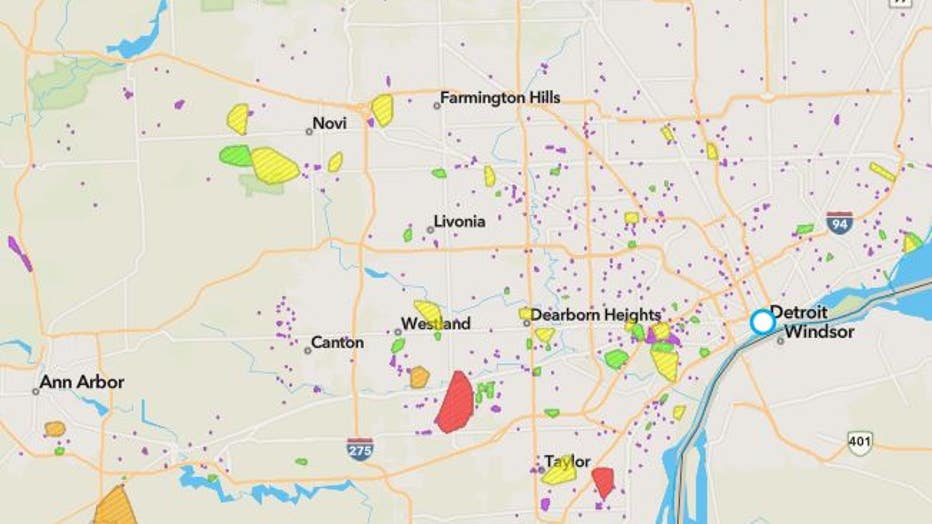 DTE Outage map from DTE website as of 3:55 p.m.