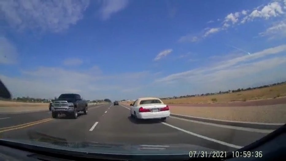 The truck on the left is a reported wrong-way driver caught by John Furman's dashcam on July 31, 2021