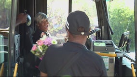 Mary Eatmon, one of Detroit's first female bus drivers, cruises into her 90th birthday in style