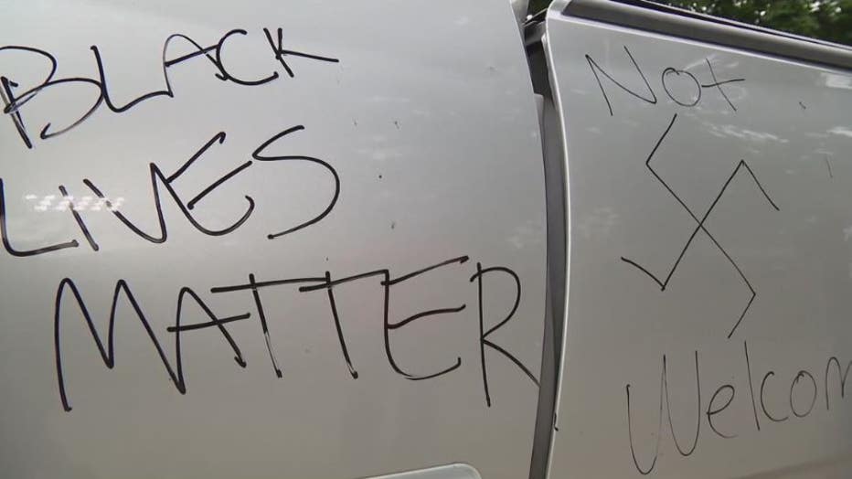 Some of the graffiti Frederick left on the Halls' truck.