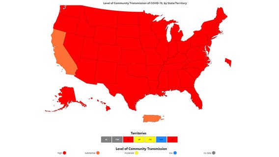 CDC COVID-19 transmission map of US is almost completely red
