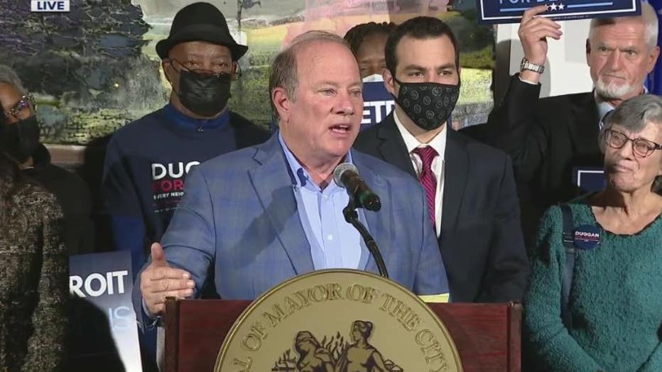 Mayor Mike Duggan delivers his victory speech. 