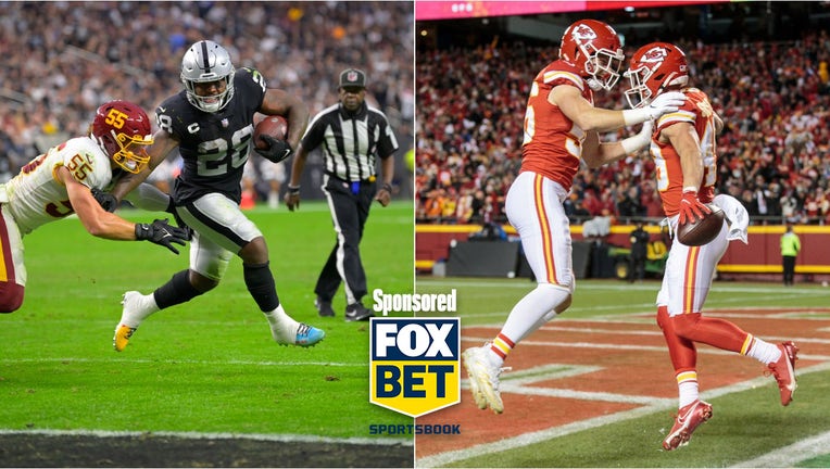 (L): Raiders running back Josh Jacobs scores vs. Washington (photo: John McDonnell/The Washington Post via Getty Images). (R): Chiefs outside linebacker Ben Niemann celebrates a score with safety Daniel Sorensen (Photo: William Purnell/Icon Sportswire via Getty Images).