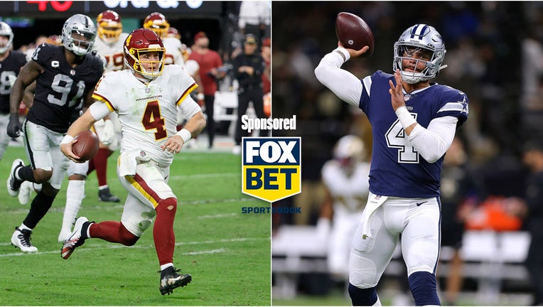 (L): Washington QB Taylor Heinicke on the run vs. the Raiders (photo: Ethan Miller/Getty Images). (R): Cowboys QB Dak Prescott warms up before facing the Saints (Photo: Jonathan Bachman/Getty Images).