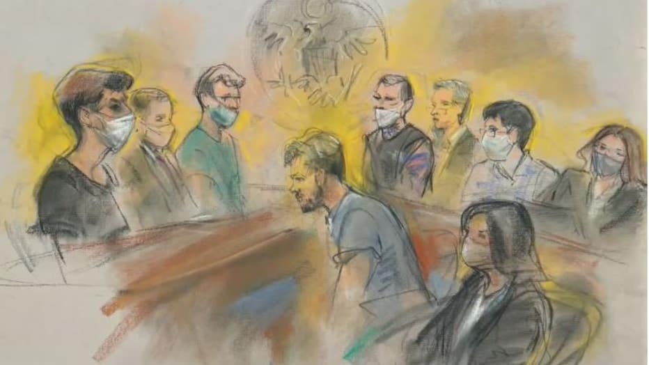 Federal court sketch of a hearing involving the suspects accused of the Whitmer kidnapping plot.