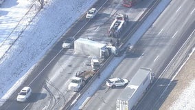 Massive backup on I-94 in Detroit after semi truck rolls over, hits median