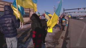 Ralliers collected on Hall Rd in support of Ukraine after Russia's attack