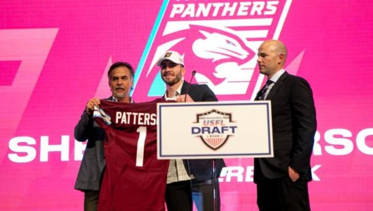 Michigan Panthers Coach Jeff Fisher and first pick in the USFL draft Shea Patterson.