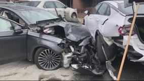Drivers left with destroyed vehicles after uninsured driver goes airborne, plows into Livonia parking lot