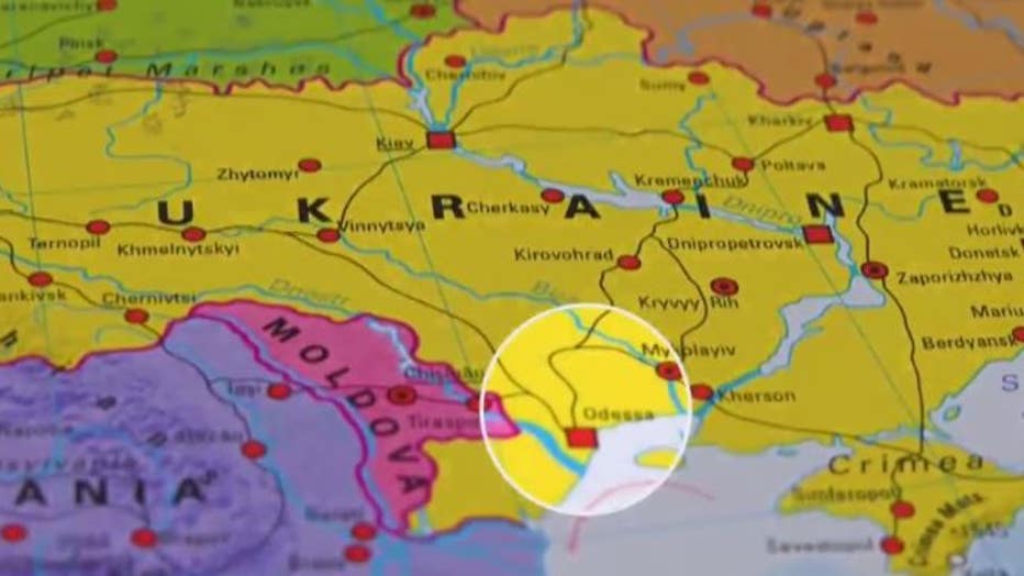 A map of Ukraine with Odessa circled - where Snizhana Siletska lives.