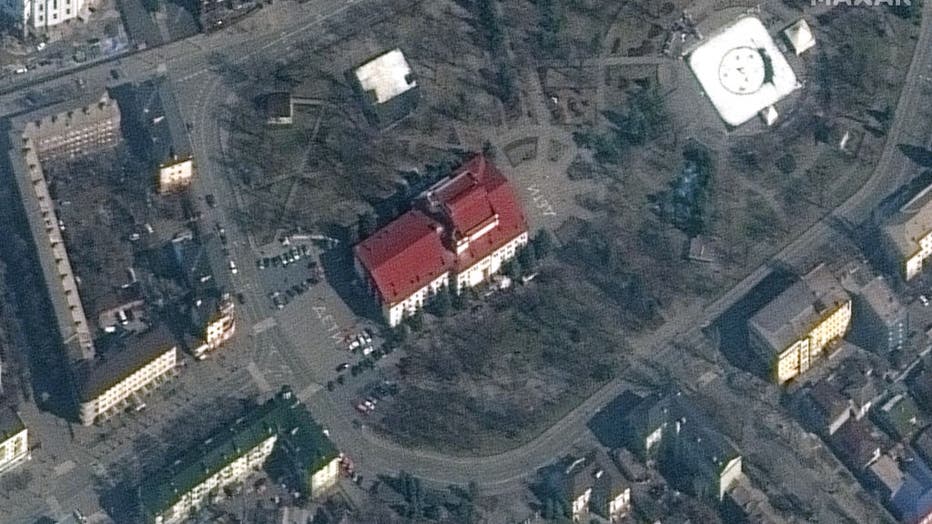 RUSSIANS INVADE UKRAINE -- MARCH 14, 2022: 01 Maxar satellite closer image of the Mariupol Drama Theater which was bombed on March 16th. Mariupol, Ukraine. 14march2022_wv2. Please use: Satellite image (c) 2022 Maxar Technologies.