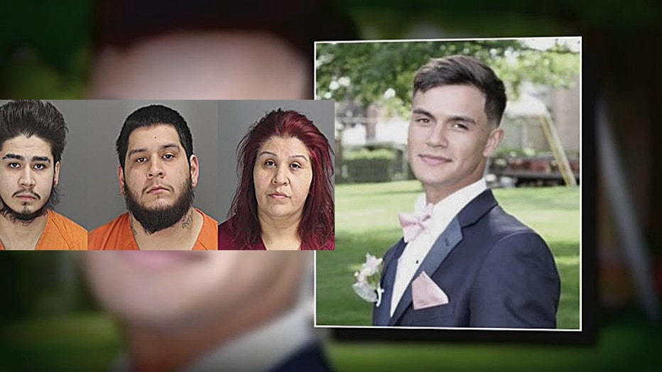 Emilio Valdez, inset: Suspects Angel Alvarez, his brother Juan Hernandez, and their mother Guadalupe Davila-Rodriguez