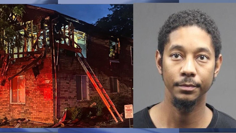 At left damage from the fire at the Eastpointe apartment complex; right: Arson suspect Brian Austin Harvey.