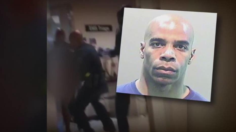 At left, video still of Dewayne Jones beating a mentally ill woman at Detroit Receiving Hospital. At right, his mugshot.