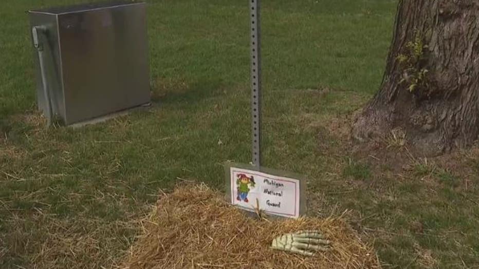 The aftermath of the stolen scarecrow display.