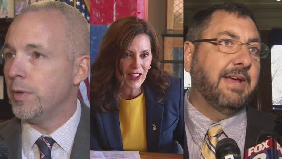 House GOP Speaker Jason Wentworth, left, Gov. Gretchen Whitmer, GOP chair of the Senate budget committee Jim Stamas.